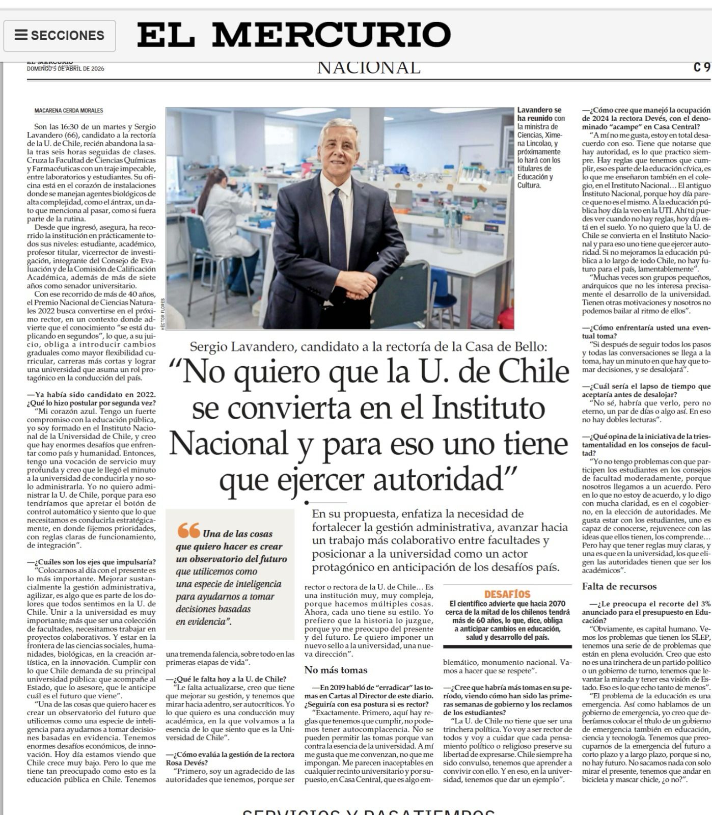 «No quiero que la U. de Chile se convierta en el Instituto Nacional y para eso uno tiene que ejercer autoridad»…